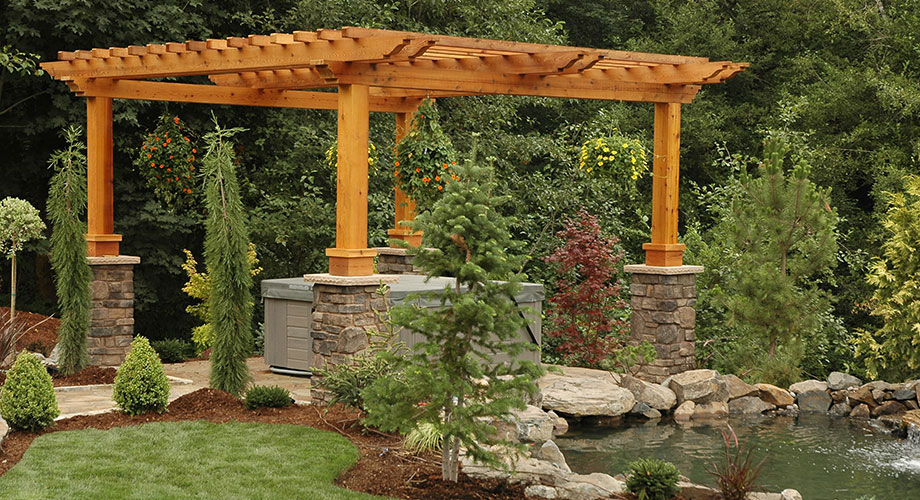 Cedar Pergola with Stone Detailing